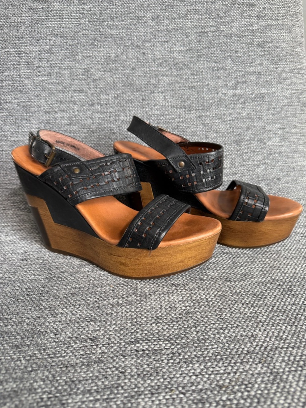Musse & Cloud Black Woven Leather Platform Wedge Sandals